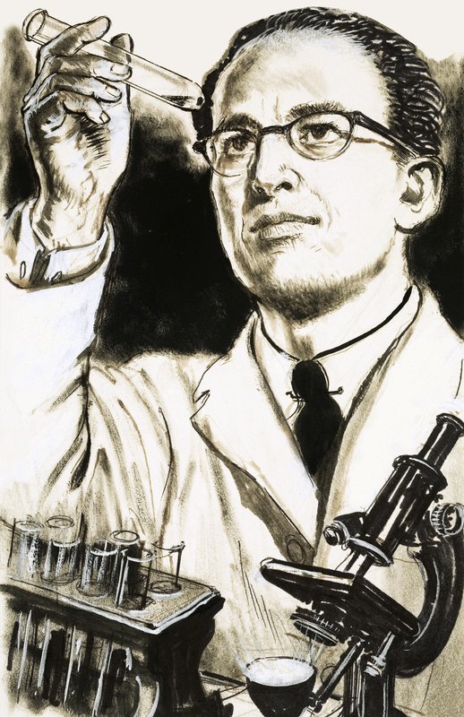 Dr. Jonas Salk, skaberen af poliovaccinen, ser på et reagensglas af English School