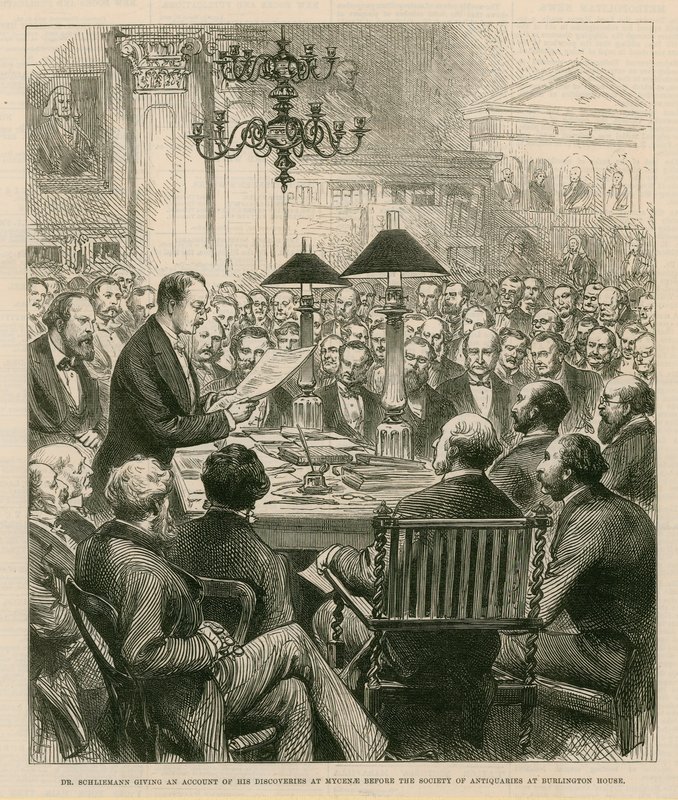 Dr. Schiemann giver en beretning om sine opdagelser i Mykene før Society of Antiquaries i Burlington House af English School