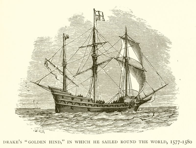 Drakes Golden Hind, hvor han sejlede jorden rundt, 1577-1580 af English School