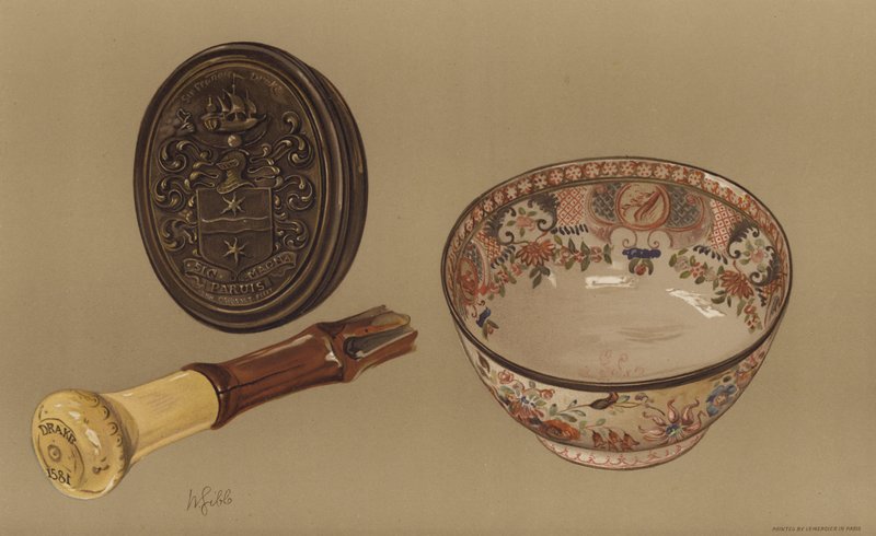 Drakes spadserestok og kaptajn Cooks punch-skål (chromolitho) af English School