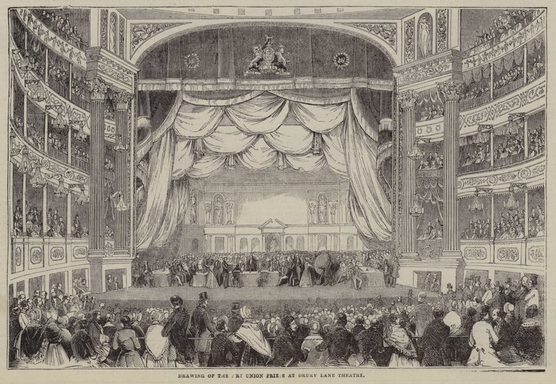Tegning af Art Union-priserne, Drury Lane Theatre, London (gravering) af English School