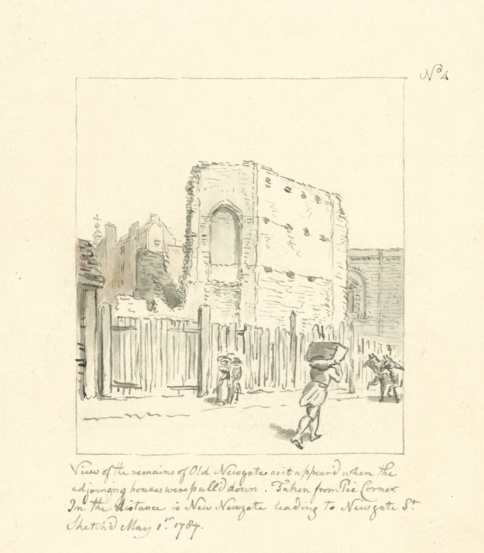 Tegning af resterne af Old Newgate (blæk på papir) af English School