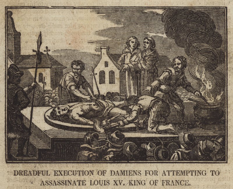Frygtelig henrettelse af Damiens for forsøg på at myrde Louis XV, konge af Frankrig af English School