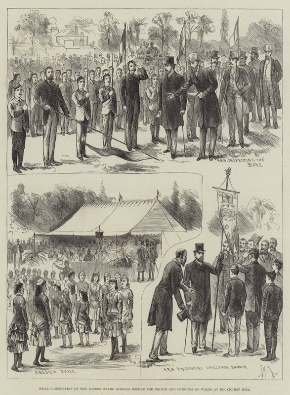 Borekonkurrence fra London Board Schools før Prinsen og Prinsessen af Wales ved Buckhurst Hill (gravering) af English School