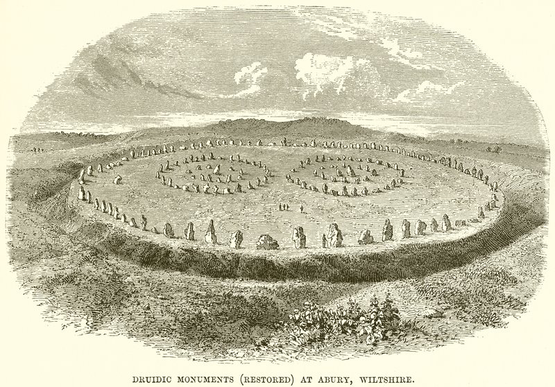 Druidiske monumenter (restaureret) i Abury, Wiltshire af English School