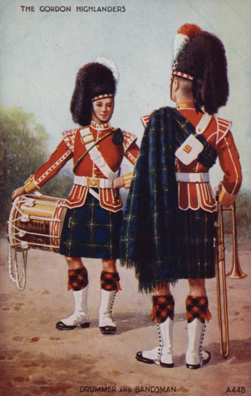 Trommeslager og musiker i Gordon Highlanders (farvelitografi) af English School