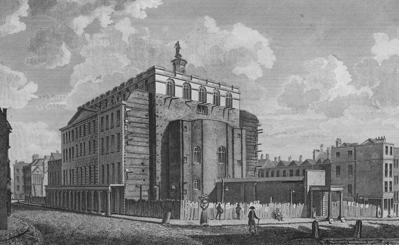 Drury Lane Theatre, Westminster, brændt ned i 1809 (gravering) af English School