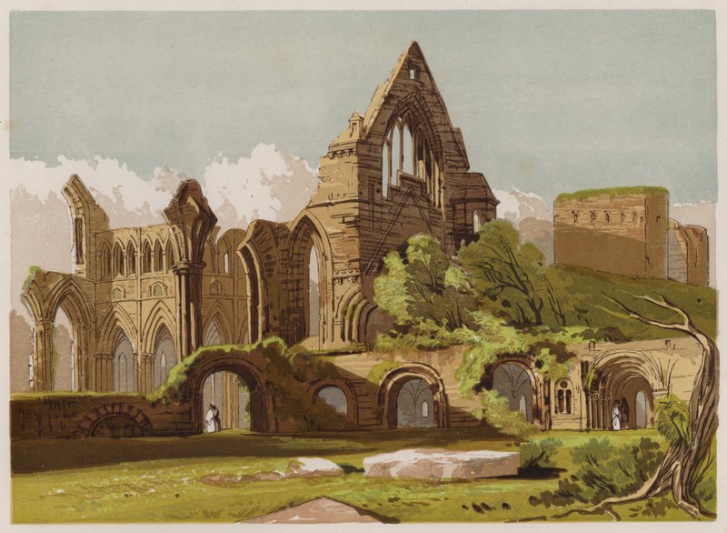 Dryburgh Abbey (farve litho) af English School
