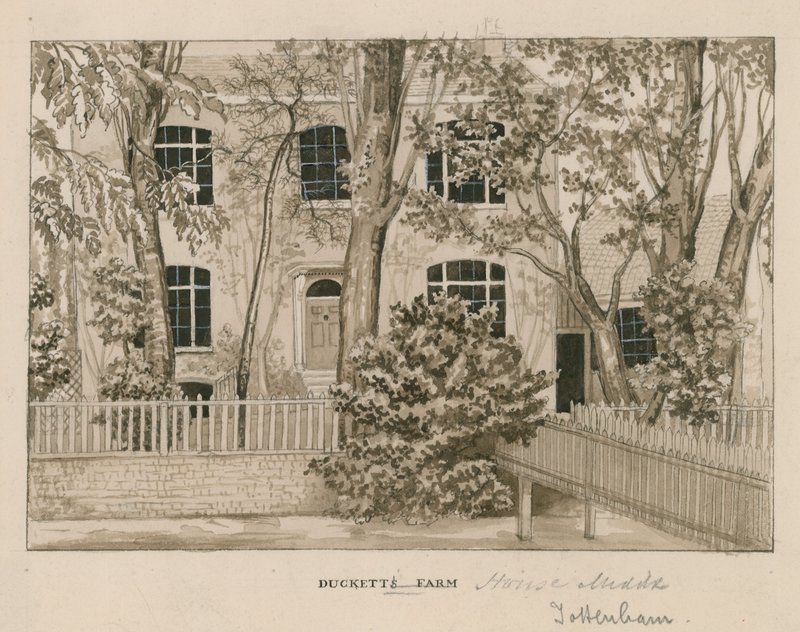 Ducketts Farm House, Tottenham, London (wc på papir) af English School