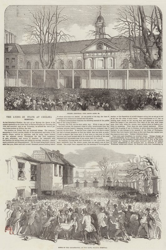 Hertug af Wellington ligger i staten på Chelsea Hospital (gravering) af English School
