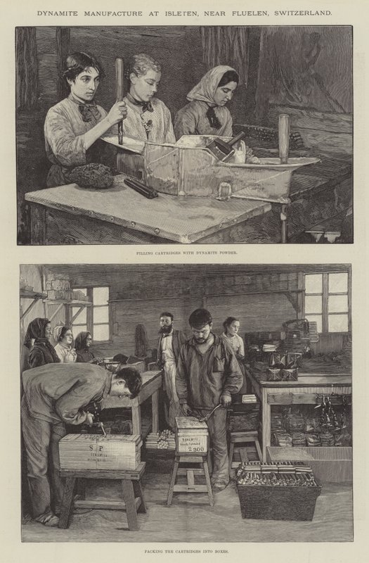 Dynamitfremstilling i Isleten, nær Fluelen, Schweiz (gravering) af English School