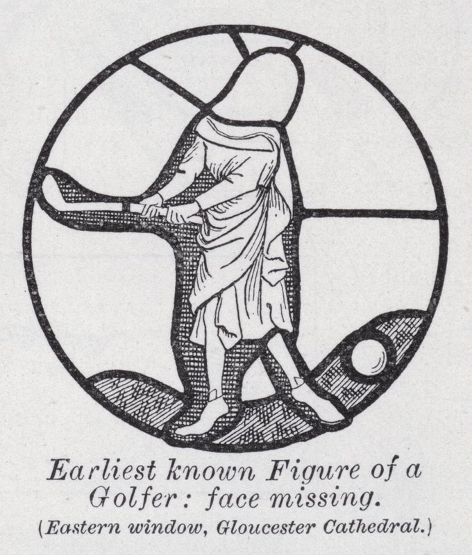 Tidligst kendte figur af en golfspiller, ansigt mangler, østligt vindue, Gloucester Cathedral (litho) af English School