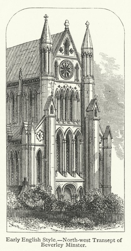 Tidlig engelsk stil, nordvestlige tværskib i Beverley Minster (kobberstik) af English School