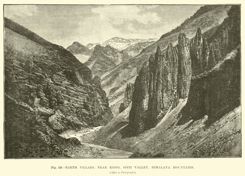 Earth pillars, near Kioto, Spiti Valley, Himalaya Mountains  af English School