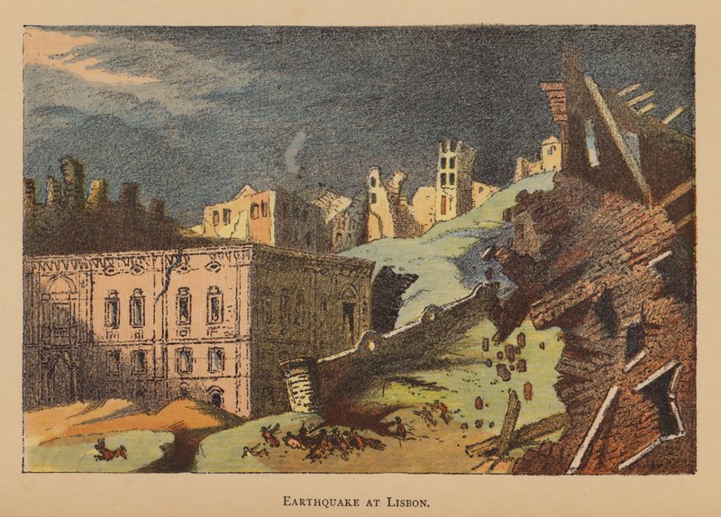 Jordskælv i Lissabon (farvelitografi) af English School