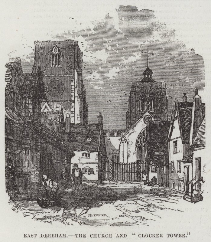 East Dereham, kirken og "Clocker Tower" (gravering) af English School