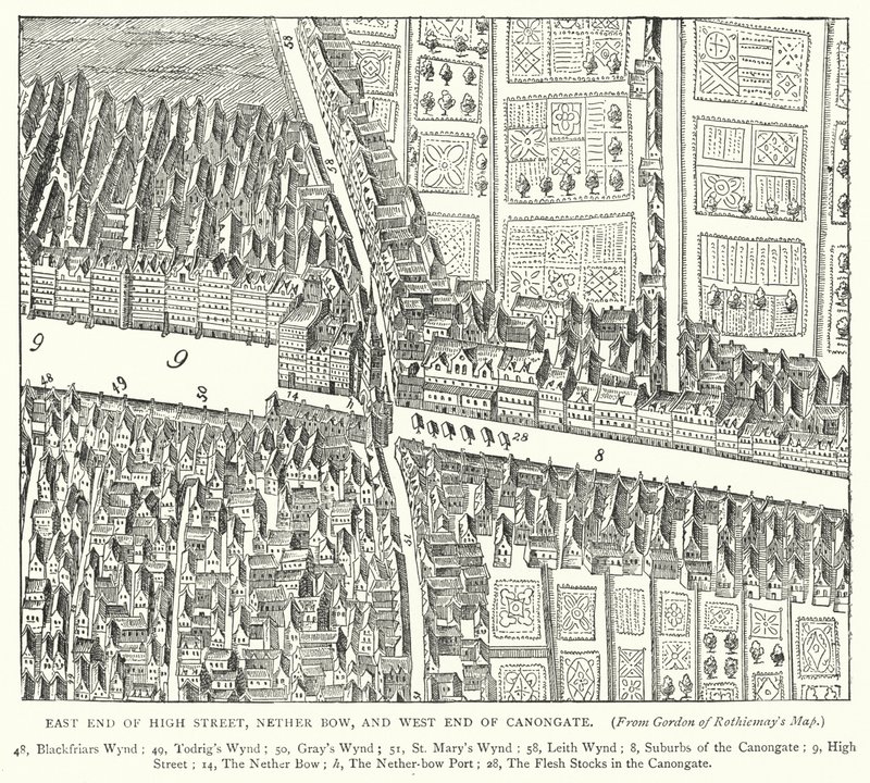 East End of High Street, Nether Bow og West End of Canongate (gravering) af English School