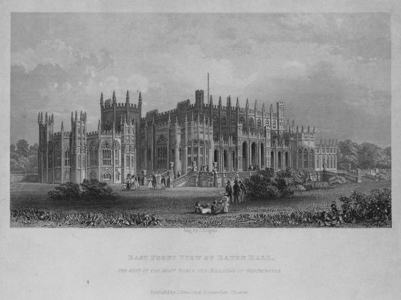 East Front View af Eaton Hall, sædet for den mest ædle Marquess of Westminster (gravering) af English School