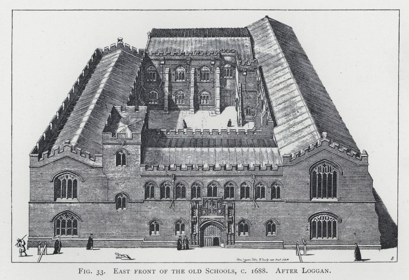 East front of the old Schools, c 1688, after Loggandani af English School