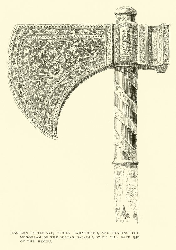 Østlig stridsøkse, rigt damasceneret og bærende monogram af sultanen Saladin, med datoen 550 af Hegira af English School