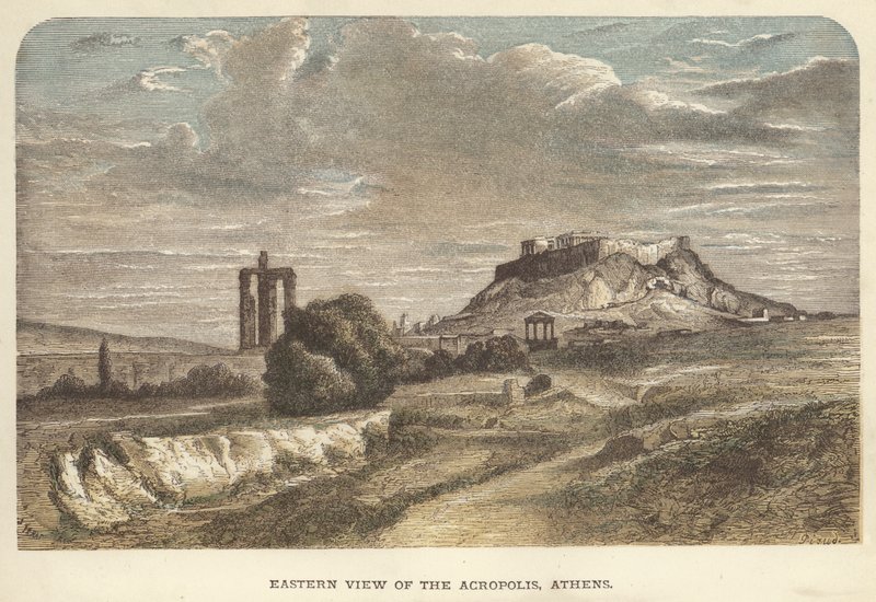 Østlig udsigt over Akropolis, Athen (farvet gravering) af English School