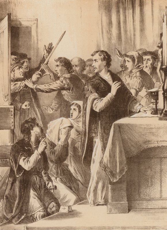Edmund Genings, "Brød døren op til kammeret, hvor han fejrede" (litho) af English School