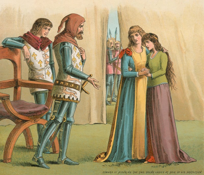 Edward III forsikrer de to unge damer i Poix om sin beskyttelse af English School