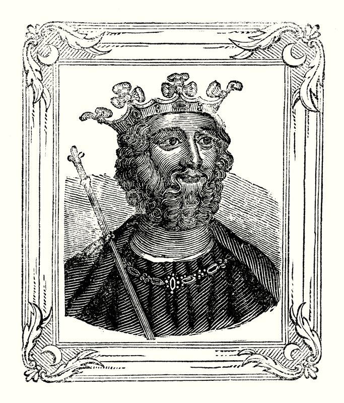 Edward II blev født i 1284, kronet i 1308 og myrdet i 1328 (gravering) af English School