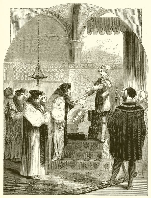 Edward VI. fremlæggelse af arrestordren for henrettelsen af Joan Bocher til ærkebiskop Cranmer af English School