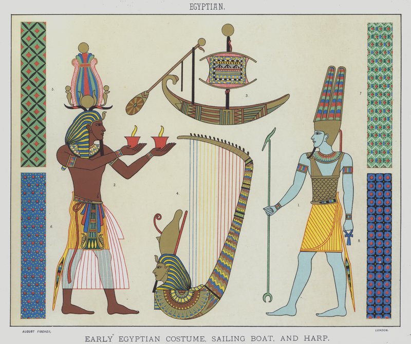 Egyptisk, tidlig egyptisk kostume, sejlbåd og harpe (farve litho) af English School