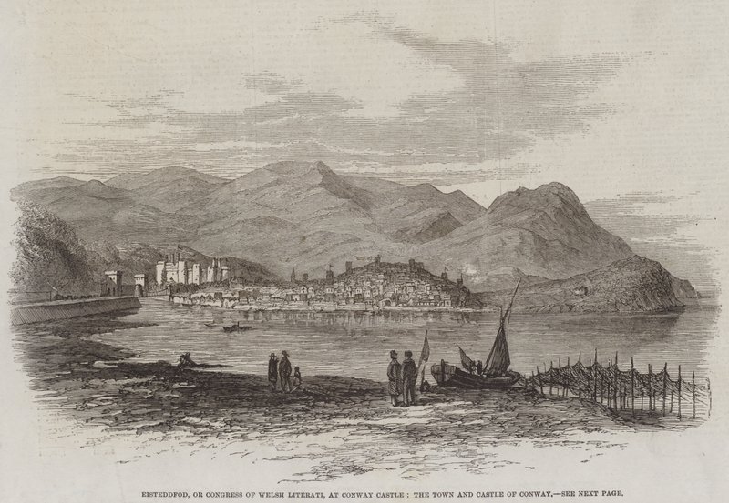 Eisteddfod, eller Congress of Welsh Literati, ved Conway Castle, Town and Castle of Conway (gravering) af English School
