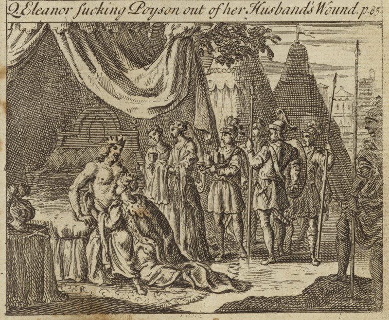 Eleanor af Castilien, dronningkonsort af kong Edward I af England, der sugede gift ud af sin mands sår, led i et attentatforsøg i Acre, 1272 af English School