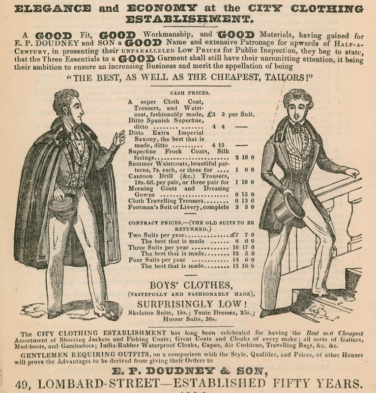 Elegance og økonomi på City Clothing Etablissement; E P Doudney & Son, 49 Lombard Street, London af English School