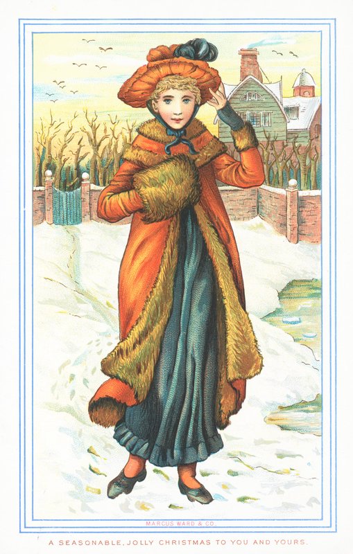 Elegant dame i sne, julekort af English School