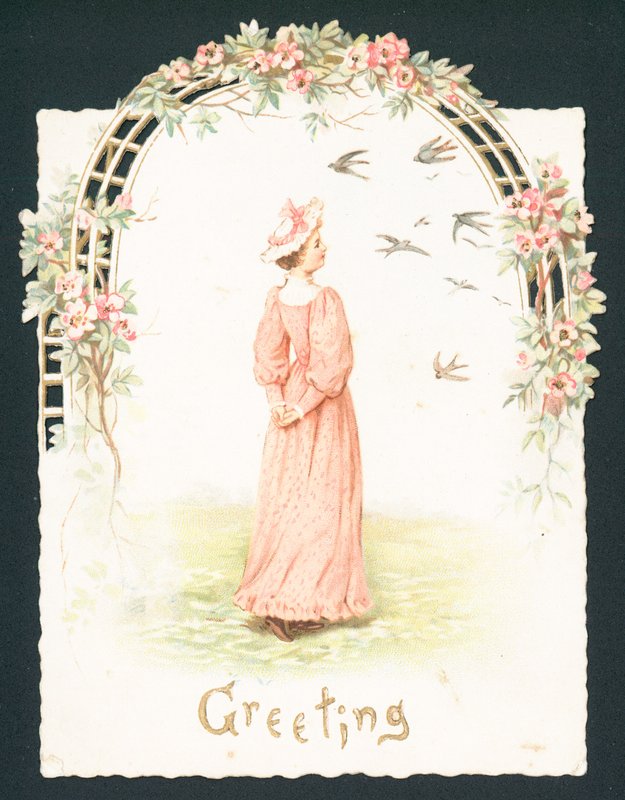 Elegant dame stående under buegang, julekort af English School