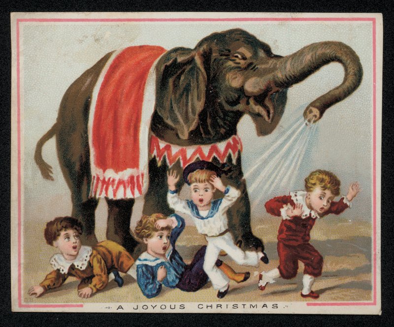 Elefant, der legende bruser børn med vand, julehilsenskort. (chromolitho) af English School