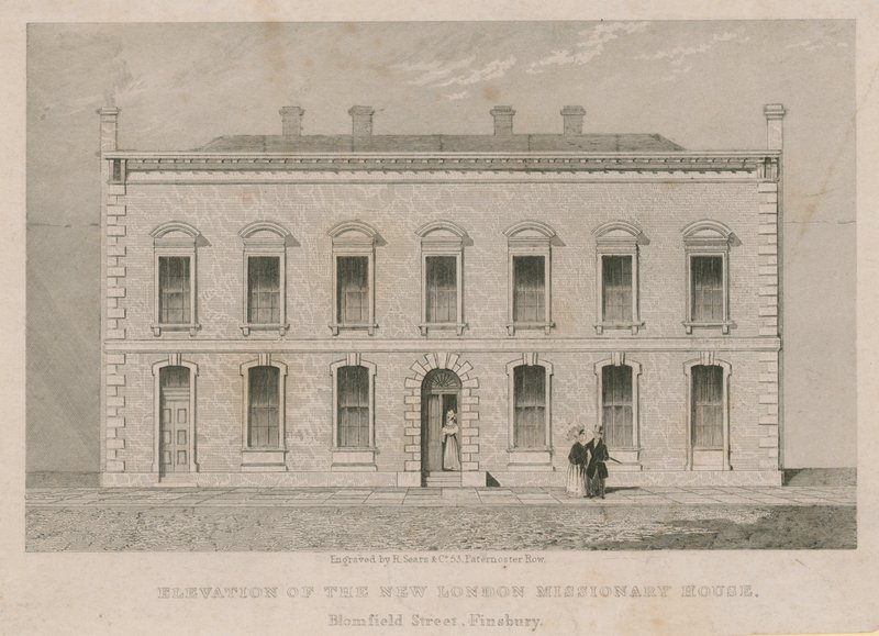 Højde af det nye London Missionary House, Blomfield Street, Finsbury af English School