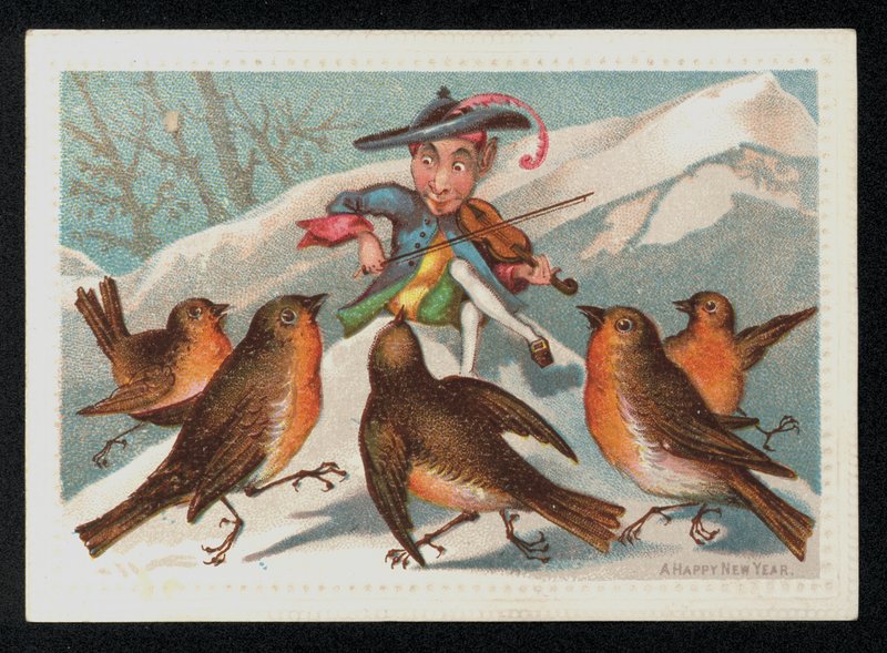 Elf med en violin, der underholder en gruppe af robiner, nytårs lykønskningskort. (chromolitho) af English School