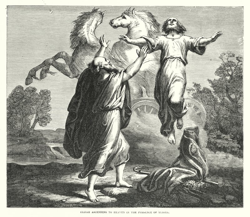 Elias stiger op til himlen i Elishas nærvær (gravering) af English School