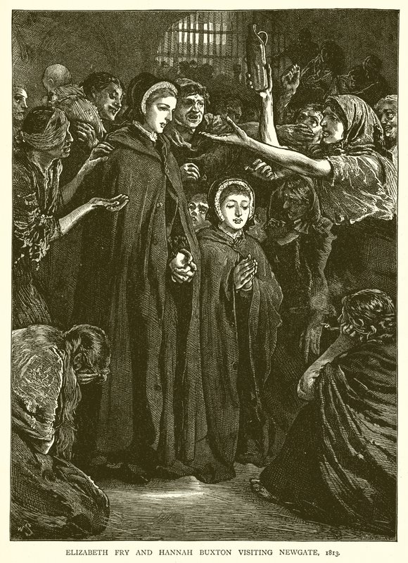 Elizabeth Fry og Hannah Buxton besøger Newgate, 1813 af English School