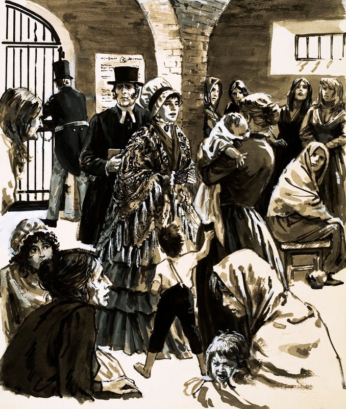 Elizabeth Fry blev en forkæmper for fængselsreform efter at have besøgt Newgate Prison (gouache på papir) af English School