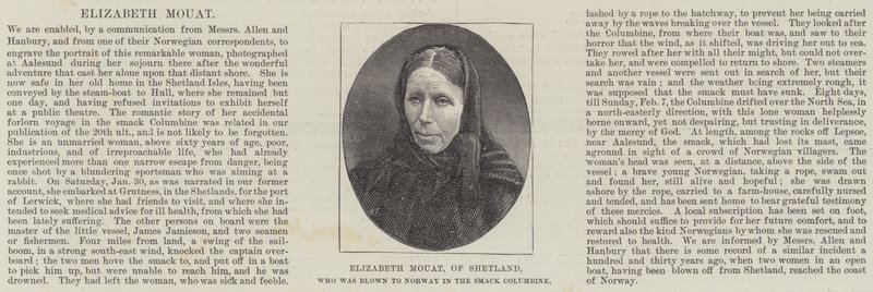 Elizabeth Mouat fra Shetland, som blev blæst til Norge i Smack Columbine (gravering) af English School