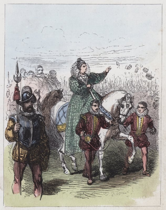 Elizabeth gennemgår tropperne ved Tilbury (farvet indgravering) af English School