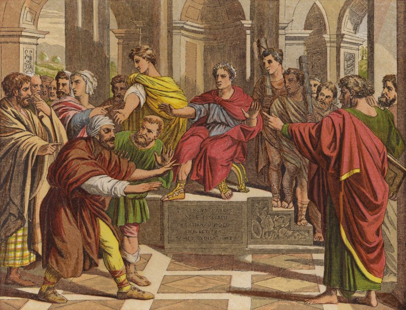 Troldmanden Elymas slog med blindhed (chromolitho) af English School