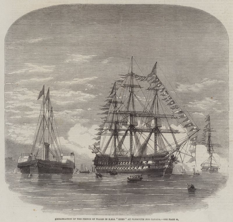 Indskibning af prinsen af Wales i HMS "Hero" i Plymouth for Canada (gravering) af English School