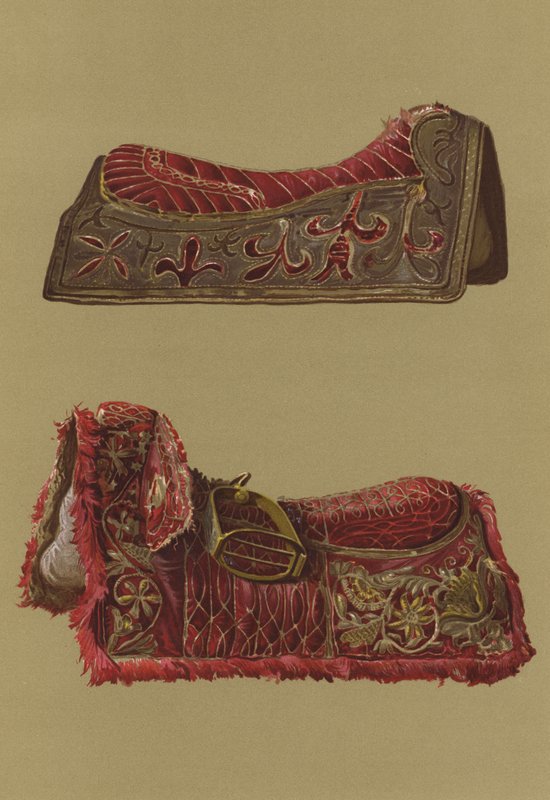 Broderede fløjlssadler af prins Rupert og kong Charles I (chromolitho) af English School
