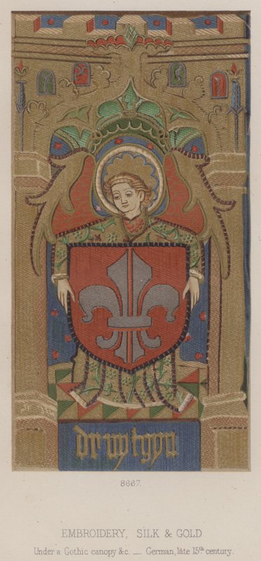 Broderi, silke og guld, under en gotisk baldakin etc, tysk, slutningen af 1400-tallet (farvelitografi) af English School