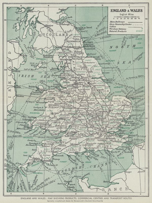 England og Wales, kort med produkter, handelscentre og transportruter (litho) af English School