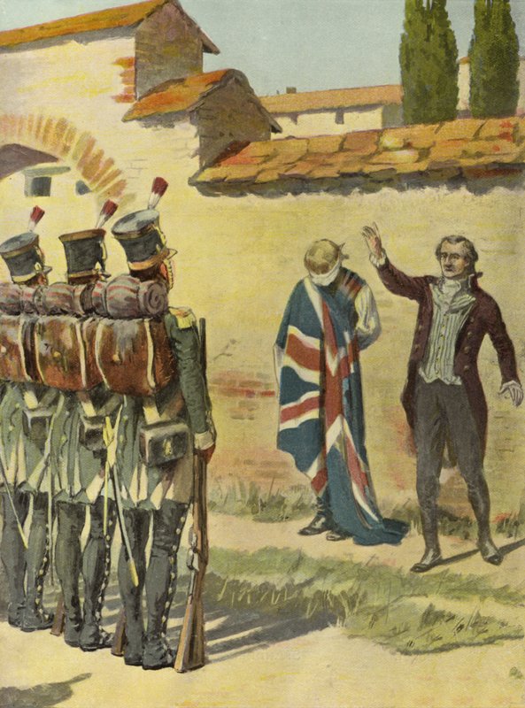Engelsk konsul, der beskytter en fange (farve litho) af English School