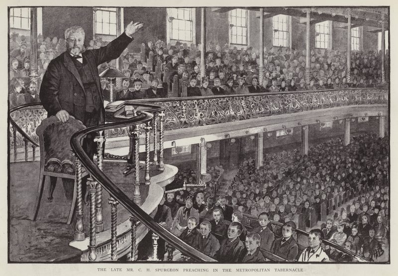 Den engelske baptistprædikant Charles Haddon Spurgeon prædiker ved Metropolitan Tabernacle, London (litho) af English School